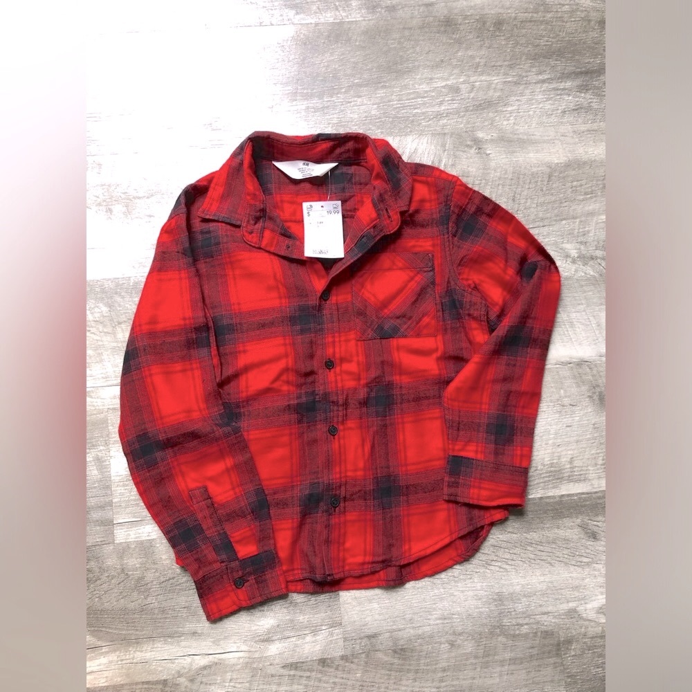 H & M Button Down Red & Black Plaid Flannel Boys Size 7 New With Tags - Picture 2 of 6